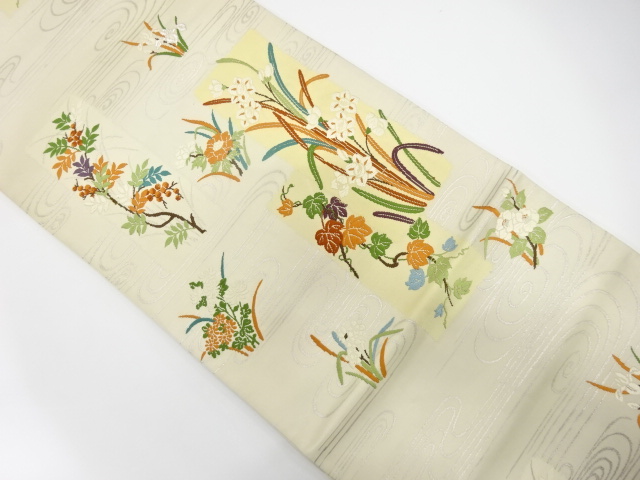 JAPANESE KIMONO / ANTIQUE FUKURO OBI / SILK / WOVEN STREAM & NARCISSUS & HEAVENLY BAMBOO & IVY LEAVES